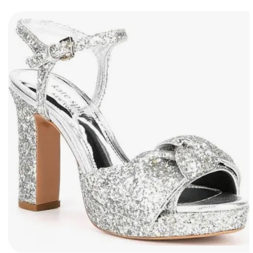 kate spade Silver Glitter Knotted Ankle Strap Block Heels